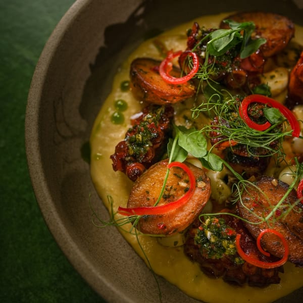 Mikhuna Japanese-Peruvian dish with roasted potatoes, octopus, green sauce, and red chili slices.