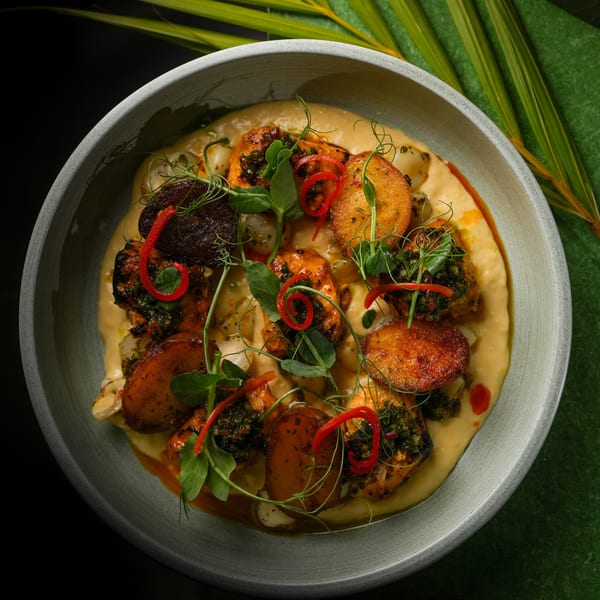 Mikhuna's Japanese-Peruvian dish with seared scallops, dark mushrooms, red chili, and green herbs on a creamy yellow sauce.