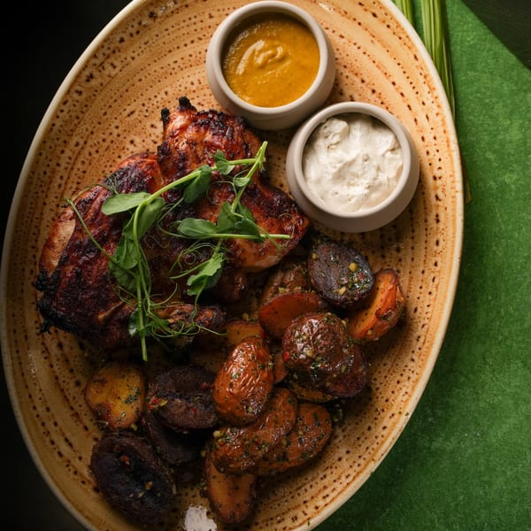Grilled chicken with roasted potatoes and two dipping sauces on a speckled plate.
