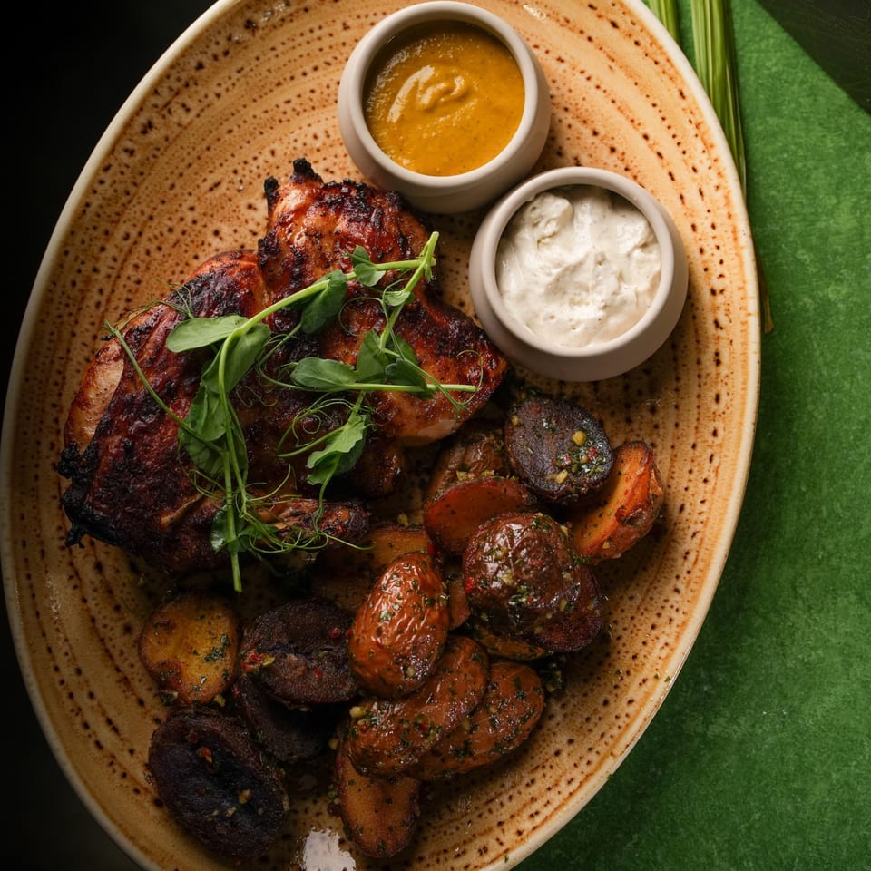 Grilled chicken with roasted potatoes and two dipping sauces on a speckled plate.